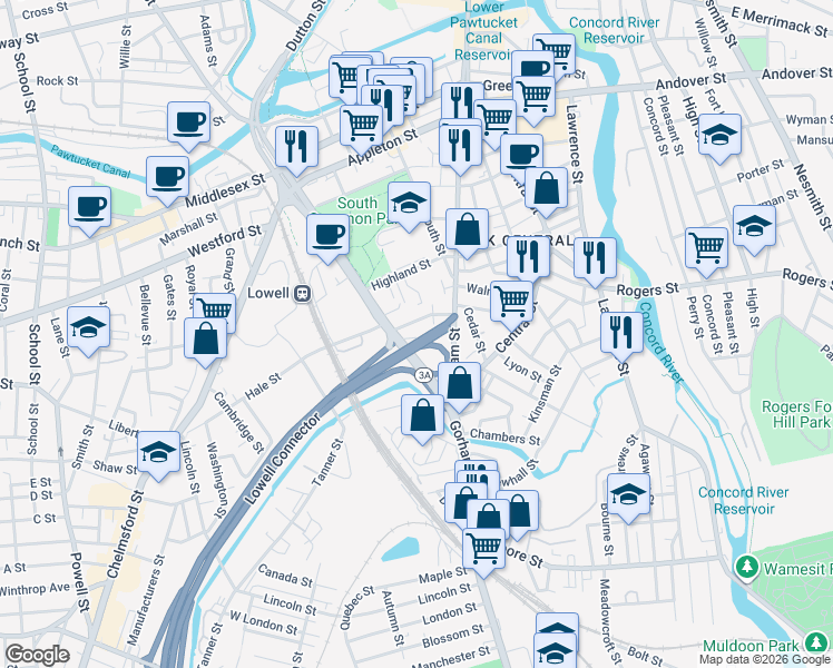 map of restaurants, bars, coffee shops, grocery stores, and more near 37 Madison Street in Lowell