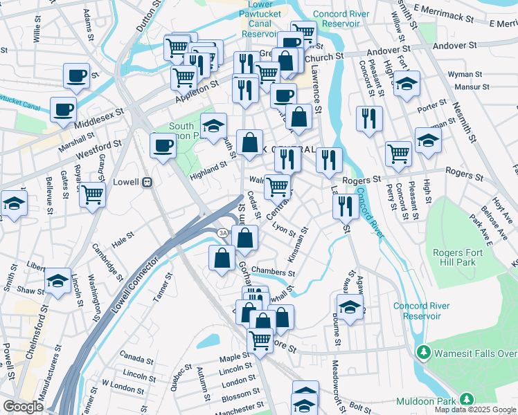map of restaurants, bars, coffee shops, grocery stores, and more near 542 Gorham Street in Lowell