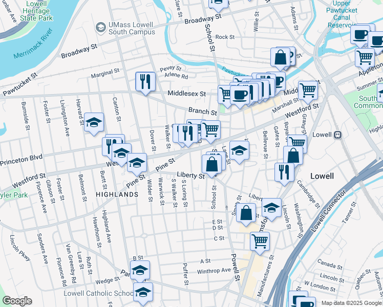 map of restaurants, bars, coffee shops, grocery stores, and more near 21 Osgood Street in Lowell