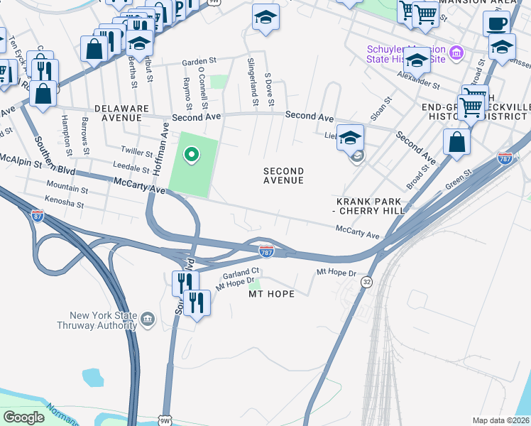 map of restaurants, bars, coffee shops, grocery stores, and more near 142 McCarty Avenue in Albany