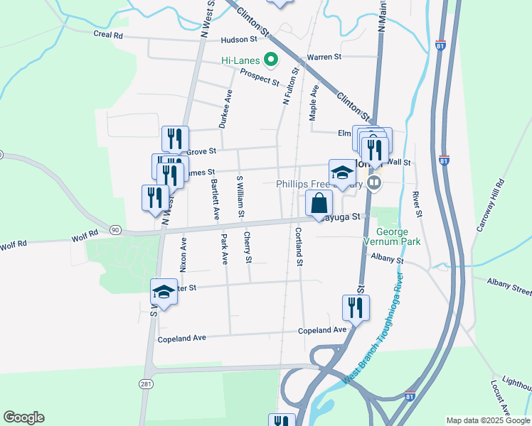 map of restaurants, bars, coffee shops, grocery stores, and more near 52 Cayuga Street in Homer