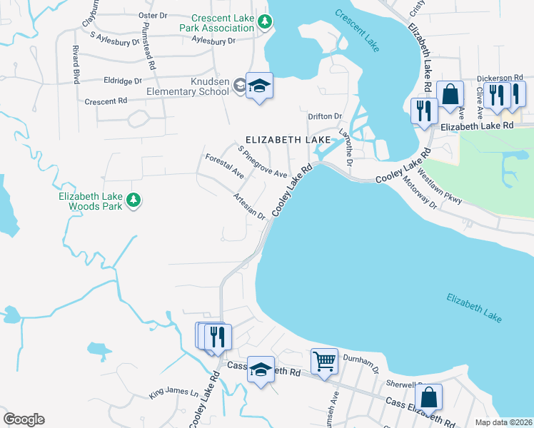 map of restaurants, bars, coffee shops, grocery stores, and more near 5286 Cooley Lake Road in Oakland County