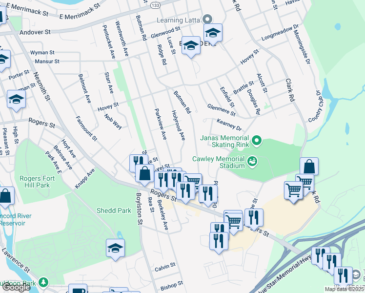 map of restaurants, bars, coffee shops, grocery stores, and more near 150 Holyrood Avenue in Lowell