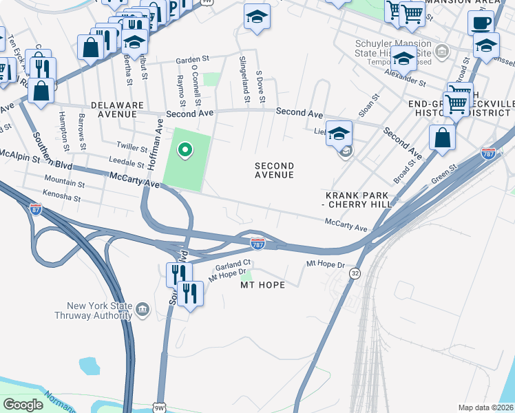 map of restaurants, bars, coffee shops, grocery stores, and more near McCarty Avenue in Albany