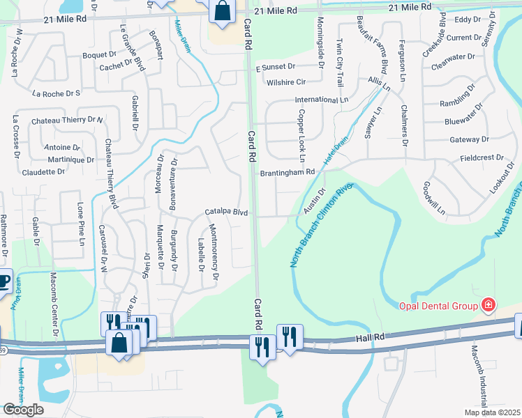 map of restaurants, bars, coffee shops, grocery stores, and more near 21829 Tesner Drive in Macomb