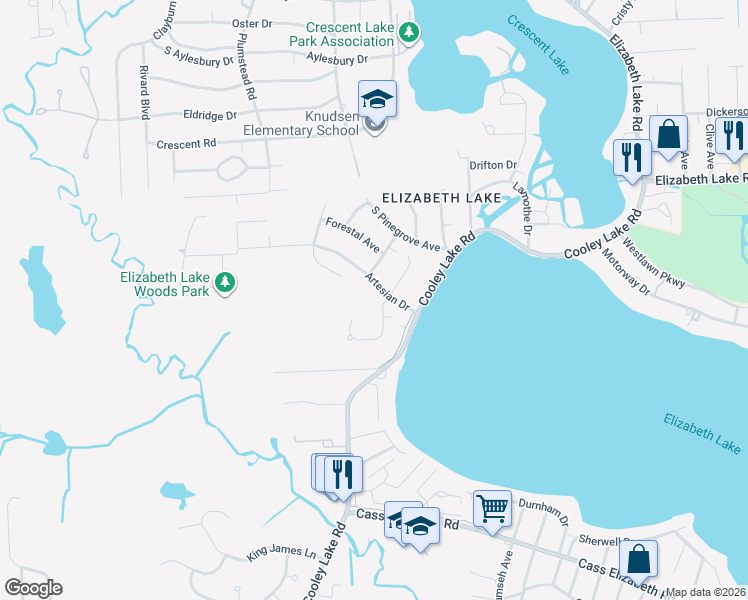 map of restaurants, bars, coffee shops, grocery stores, and more near 624 Woodcreek Drive in Waterford Township