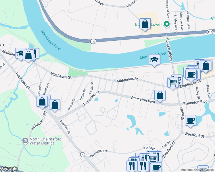 map of restaurants, bars, coffee shops, grocery stores, and more near 12 Dartmouth Street in Chelmsford