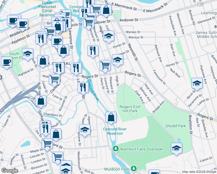 map of restaurants, bars, coffee shops, grocery stores, and more near 267R Perry Street in Lowell