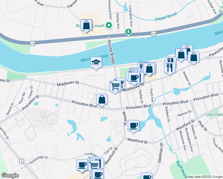 map of restaurants, bars, coffee shops, grocery stores, and more near One Wood Street in Lowell