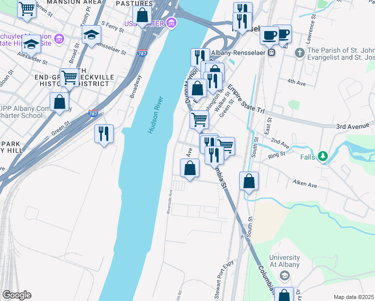 map of restaurants, bars, coffee shops, grocery stores, and more near 11 Riverside Avenue in Rensselaer