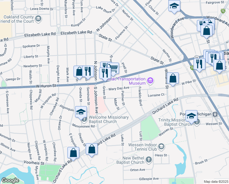 map of restaurants, bars, coffee shops, grocery stores, and more near 114 Henry Clay Avenue in Pontiac