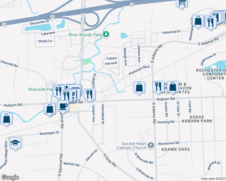 map of restaurants, bars, coffee shops, grocery stores, and more near 3509 Auburn Road in Auburn Hills