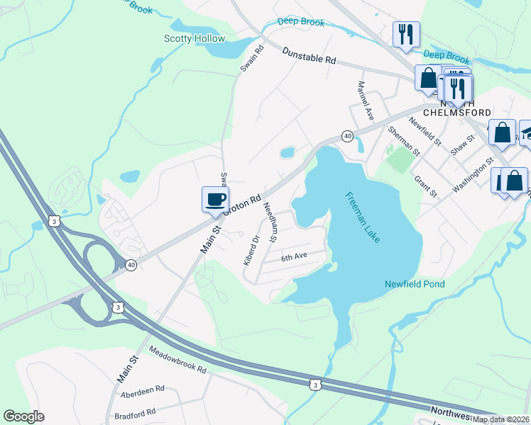 map of restaurants, bars, coffee shops, grocery stores, and more near 3 Kiberd Drive in Chelmsford