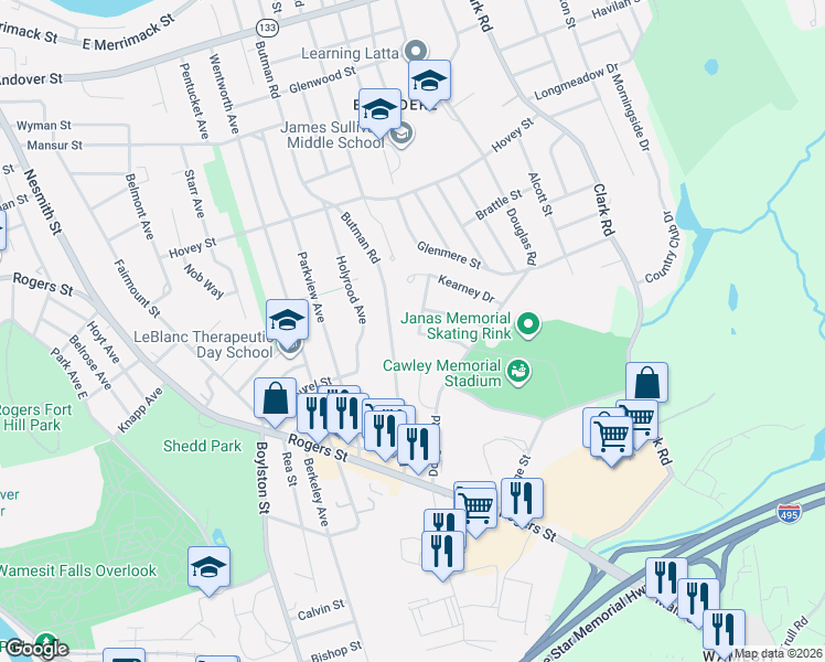 map of restaurants, bars, coffee shops, grocery stores, and more near 369 Butman Road in Lowell
