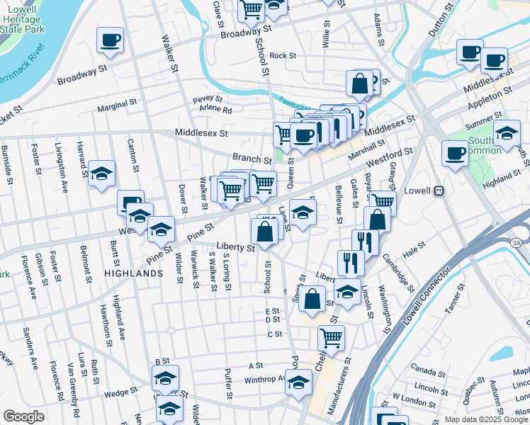 map of restaurants, bars, coffee shops, grocery stores, and more near 584 School Street in Lowell