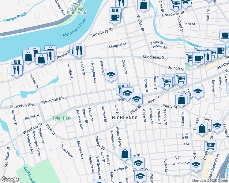 map of restaurants, bars, coffee shops, grocery stores, and more near 18 Edson Street in Lowell