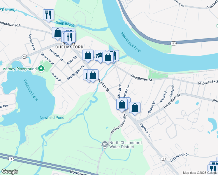 map of restaurants, bars, coffee shops, grocery stores, and more near 118 Princeton Street in Chelmsford