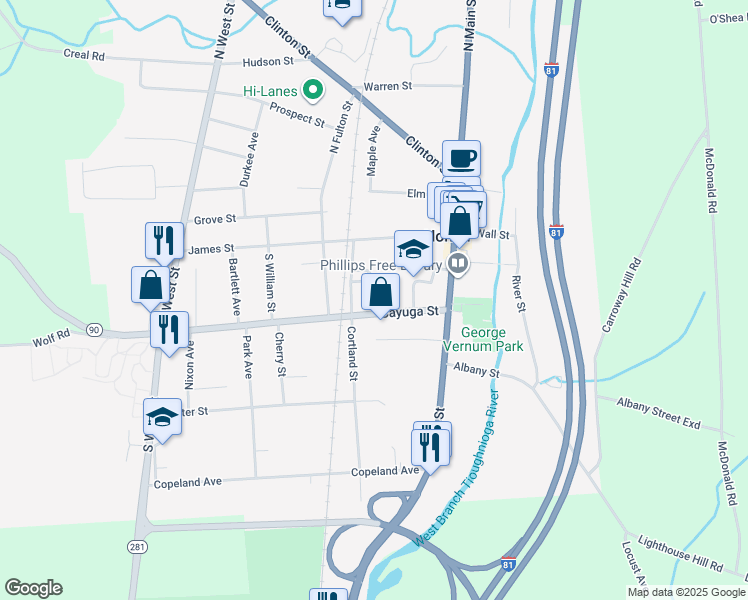 map of restaurants, bars, coffee shops, grocery stores, and more near 32 Cayuga Street in Homer
