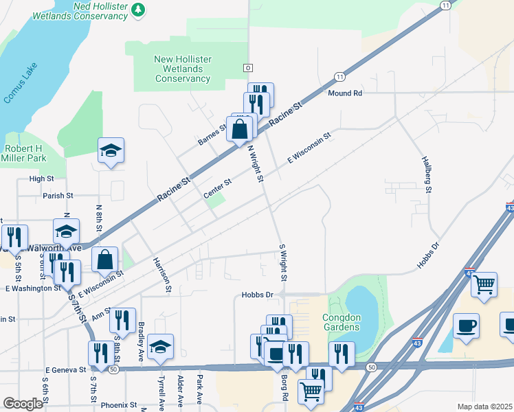 map of restaurants, bars, coffee shops, grocery stores, and more near 214 North Wright Street in Delavan