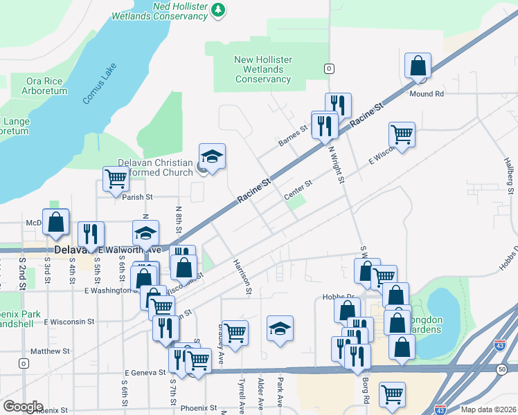 map of restaurants, bars, coffee shops, grocery stores, and more near 133 Freemont Street in Delavan