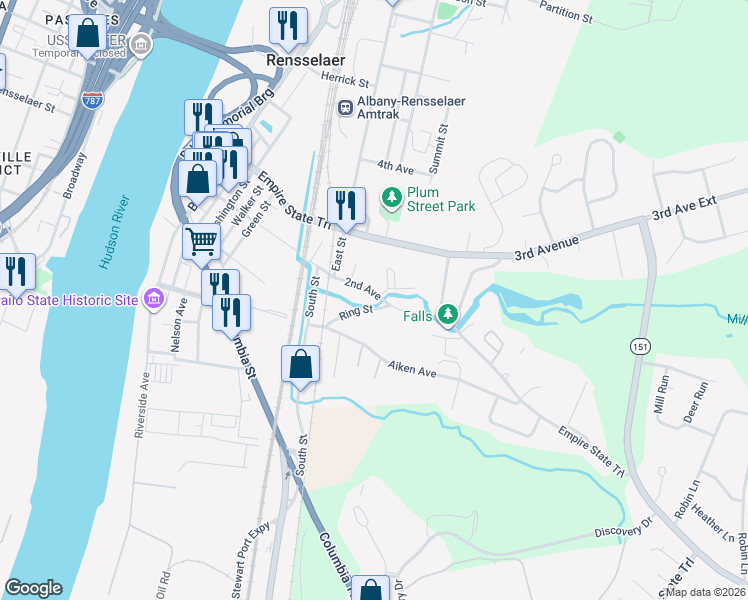 map of restaurants, bars, coffee shops, grocery stores, and more near 8 Ring Street in Rensselaer