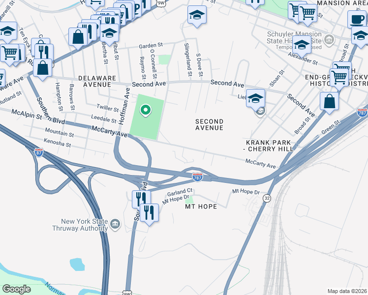 map of restaurants, bars, coffee shops, grocery stores, and more near McCarty Avenue in Albany