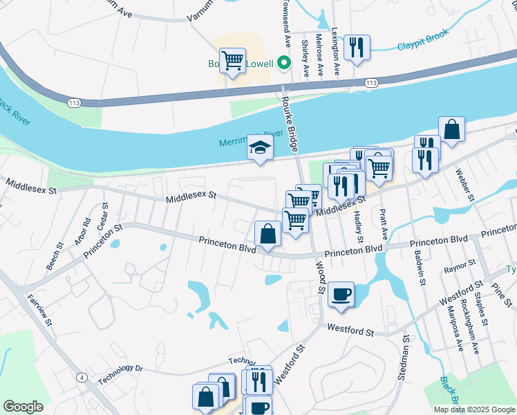 map of restaurants, bars, coffee shops, grocery stores, and more near 1877 Middlesex Street in Lowell