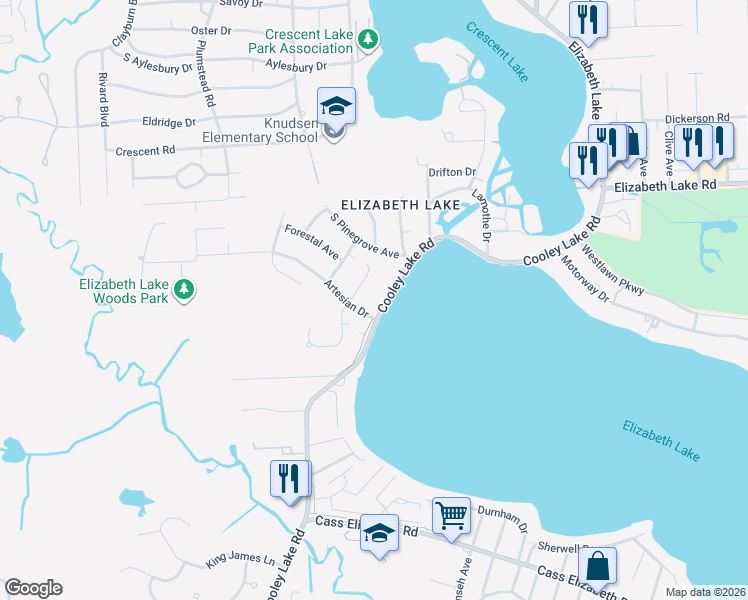 map of restaurants, bars, coffee shops, grocery stores, and more near 5286 Cooley Lake Road in Waterford Township