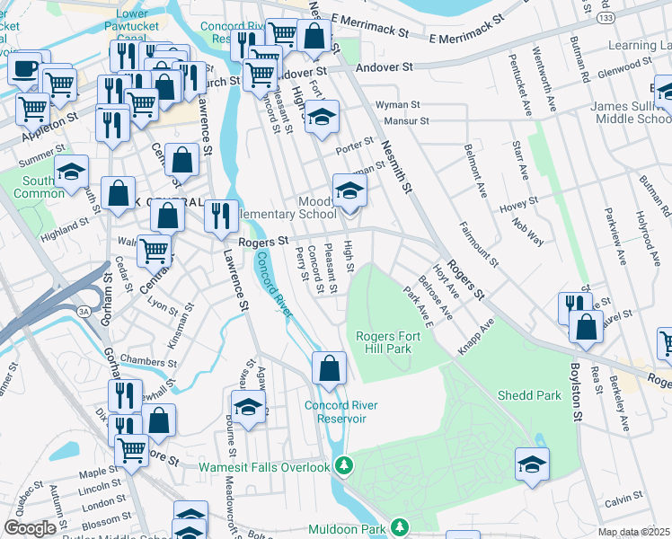 map of restaurants, bars, coffee shops, grocery stores, and more near 280 Pleasant Street in Lowell