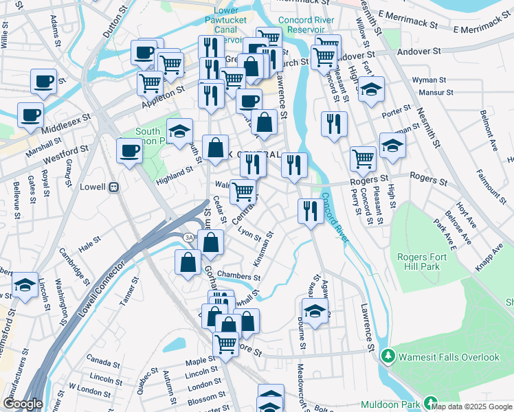 map of restaurants, bars, coffee shops, grocery stores, and more near 40 Mead Street in Lowell