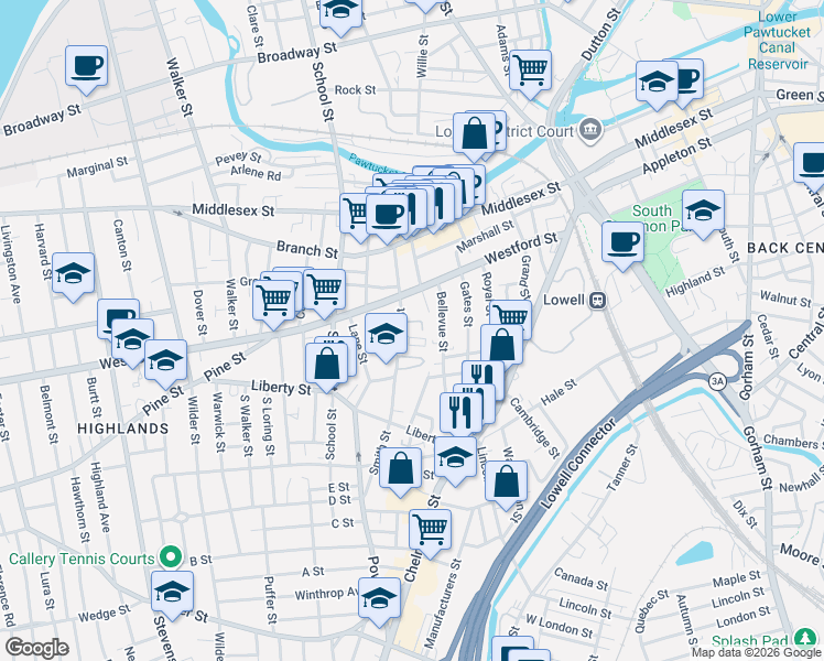 map of restaurants, bars, coffee shops, grocery stores, and more near 106 Smith Street in Lowell