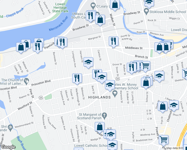map of restaurants, bars, coffee shops, grocery stores, and more near 185 Stevens Street in Lowell