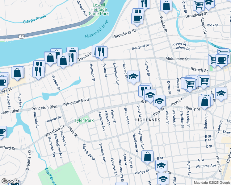 map of restaurants, bars, coffee shops, grocery stores, and more near 190 Princeton Boulevard in Lowell