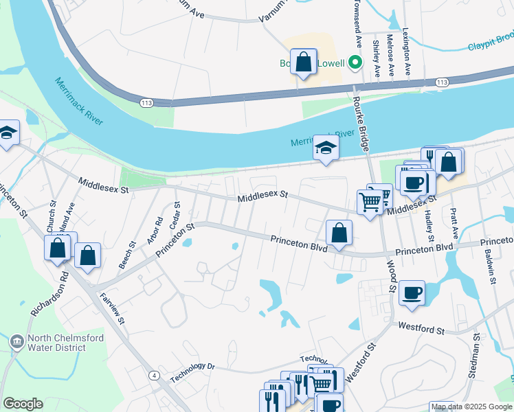 map of restaurants, bars, coffee shops, grocery stores, and more near 24 Brouilette Street in Lowell