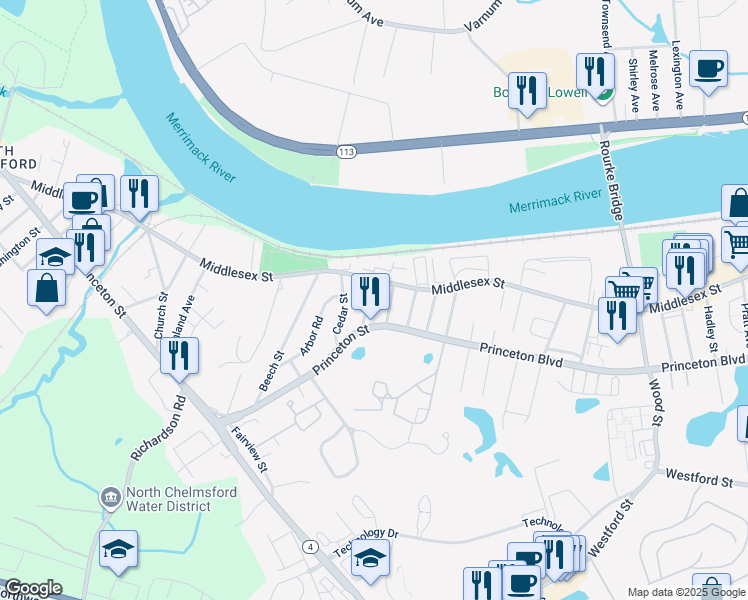 map of restaurants, bars, coffee shops, grocery stores, and more near 15 Harvard Street in Chelmsford