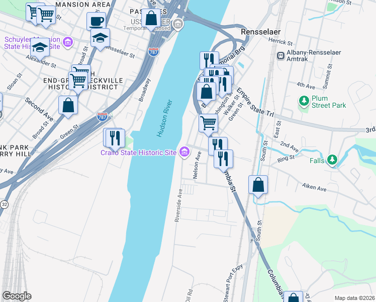 map of restaurants, bars, coffee shops, grocery stores, and more near 11 Riverside Avenue in Rensselaer