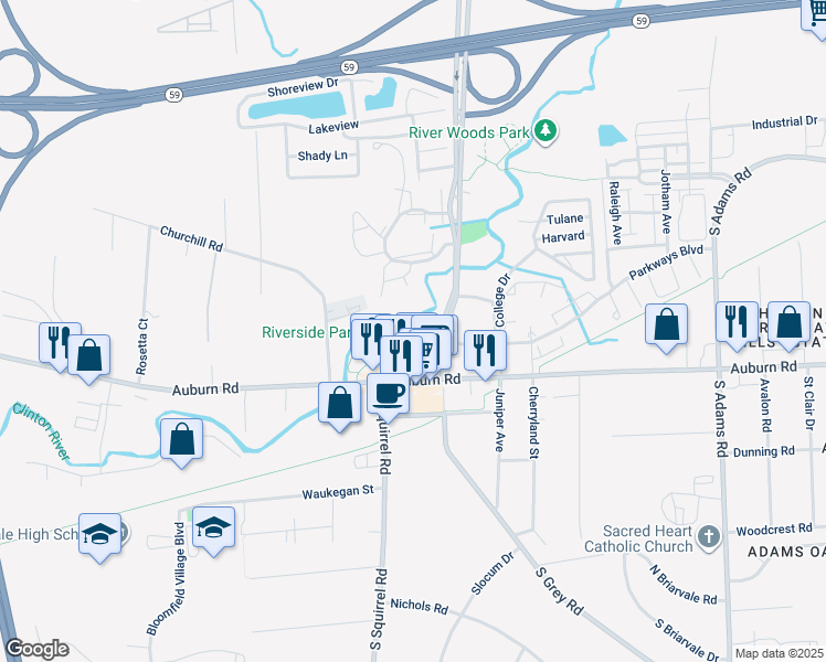 map of restaurants, bars, coffee shops, grocery stores, and more near 93 Squirrel Court in Auburn Hills