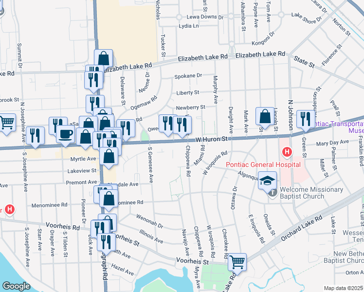map of restaurants, bars, coffee shops, grocery stores, and more near 719 West Huron Street in Pontiac