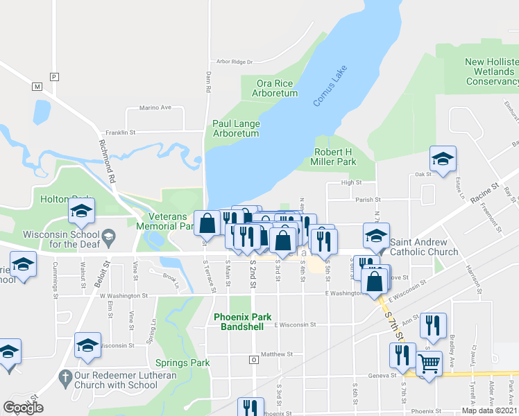 map of restaurants, bars, coffee shops, grocery stores, and more near 211 North 2nd Street in Delavan