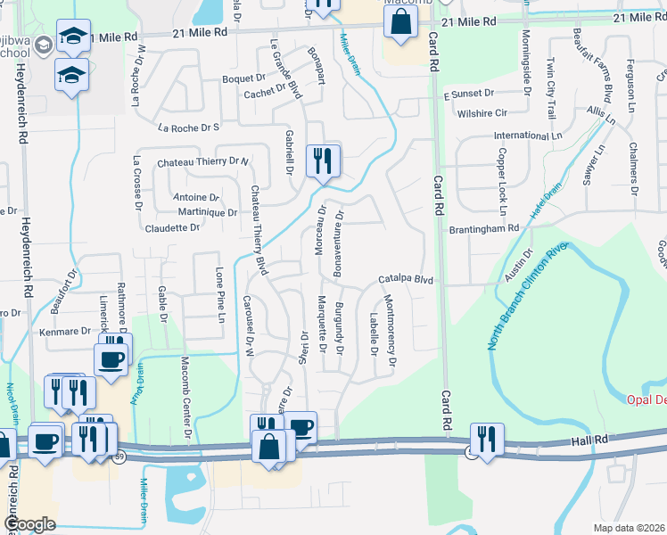 map of restaurants, bars, coffee shops, grocery stores, and more near 45656 Marquette Drive in Macomb