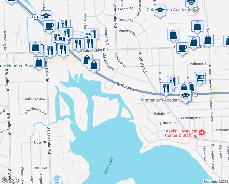 map of restaurants, bars, coffee shops, grocery stores, and more near 2999 Edgewater Drive in Waterford Township