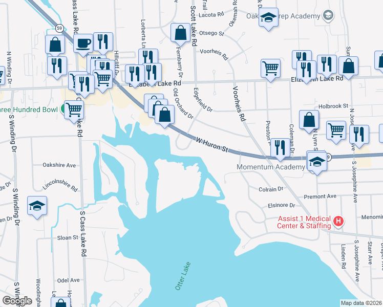 map of restaurants, bars, coffee shops, grocery stores, and more near 2999 Edgewater Drive in Waterford Township