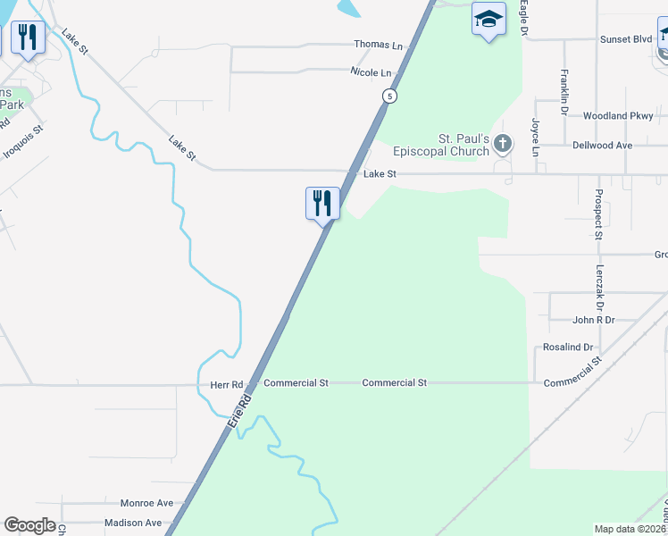 map of restaurants, bars, coffee shops, grocery stores, and more near 9159 Erie Road in Angola