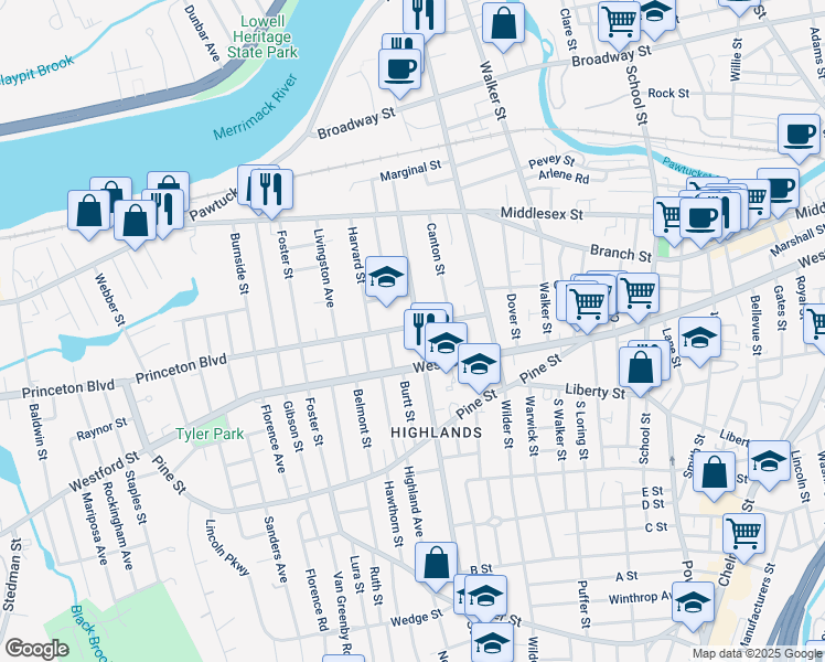 map of restaurants, bars, coffee shops, grocery stores, and more near 161 Stevens Street in Lowell