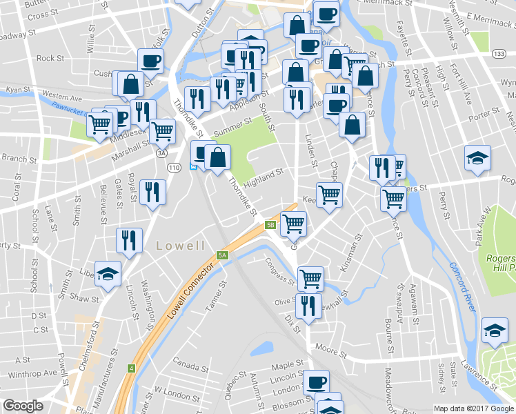 map of restaurants, bars, coffee shops, grocery stores, and more near 118 Highland Street in Lowell