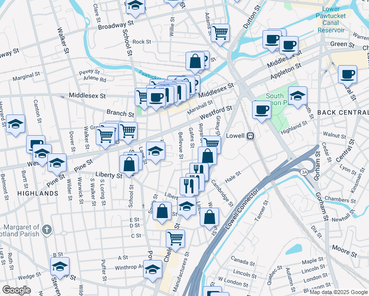map of restaurants, bars, coffee shops, grocery stores, and more near 74 Bellevue Street in Lowell