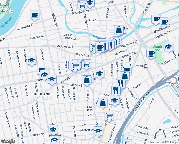 map of restaurants, bars, coffee shops, grocery stores, and more near 584 School Street in Lowell