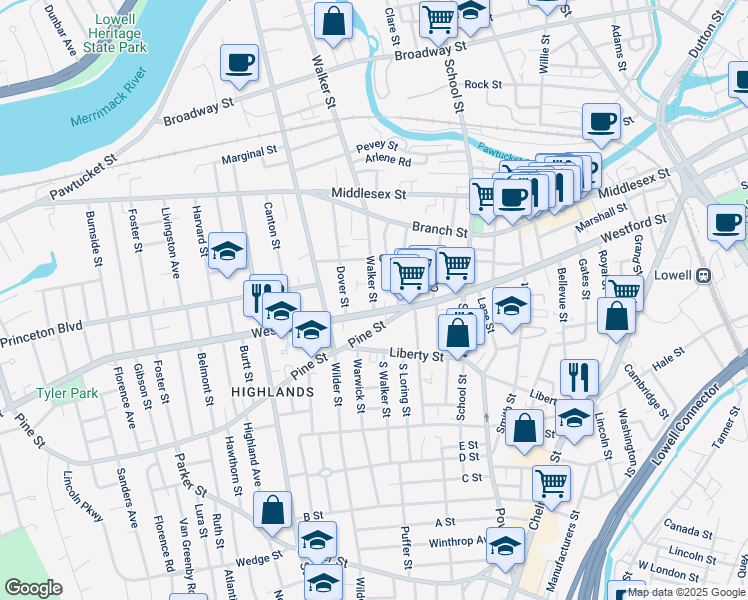 map of restaurants, bars, coffee shops, grocery stores, and more near 386 Westford Street in Lowell