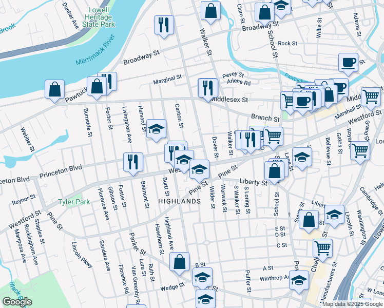 map of restaurants, bars, coffee shops, grocery stores, and more near 461 Westford Street in Lowell