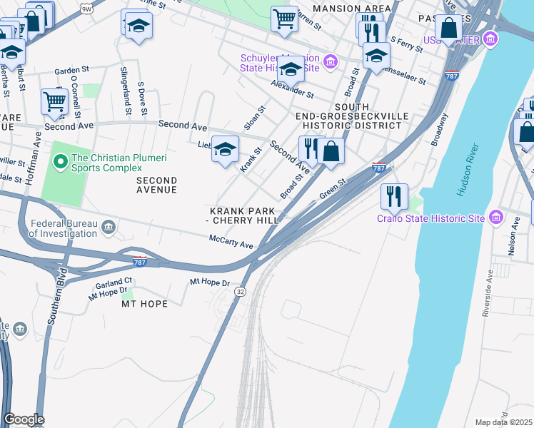 map of restaurants, bars, coffee shops, grocery stores, and more near in Albany